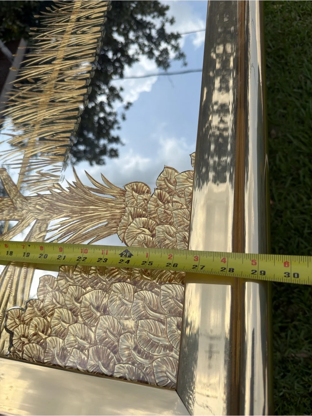 Vintage Hollywood Regency Asian 53x30 Chinoiserie Landscape Gold Etched Mirror